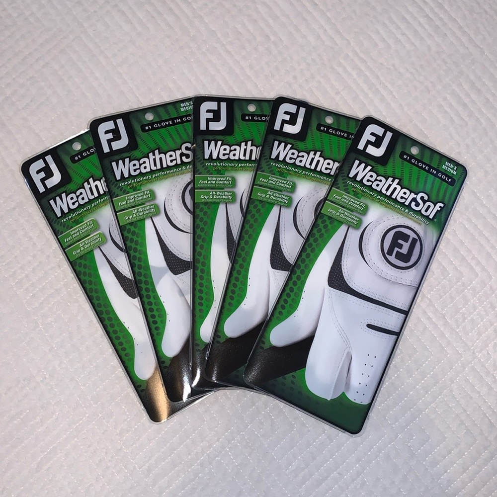 Lot of 5 NWT FootJoy WeatherSof Mens Left Hand Golf Gloves, White/Black, Size M